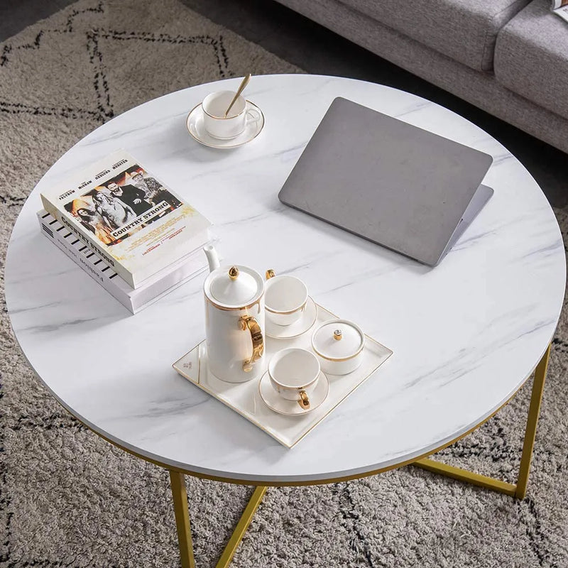 36in Faux Marble Round Coffee Table: Modern Living Room Accent