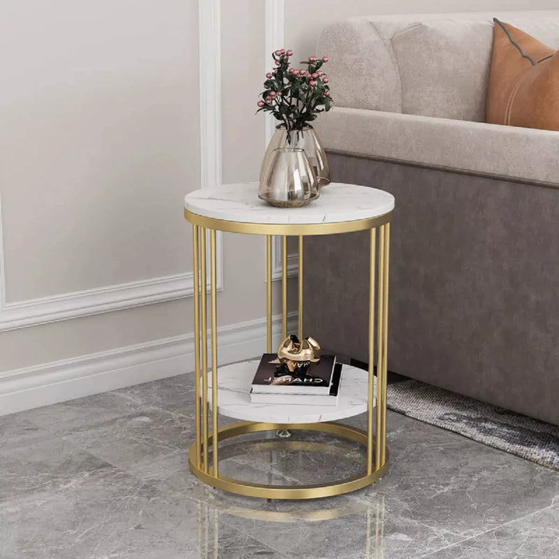 Gold Metal Frame Marble Accent Table with 2 Tiers for Living Room or Bedroom