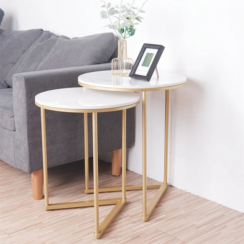 Contemporary Nesting Tables: Set of 2 with Marble Tops and Gold Metal Bases