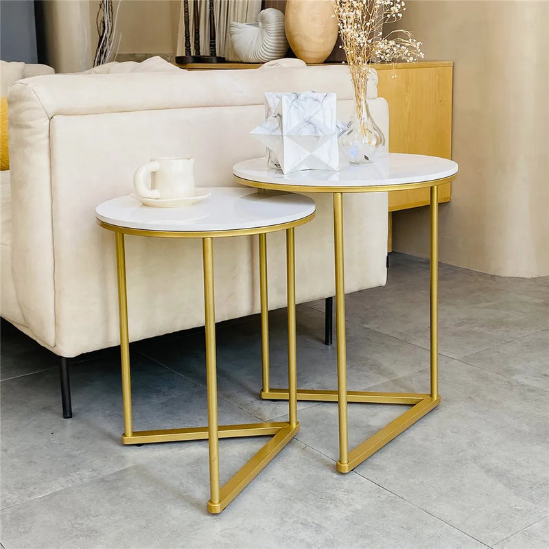 Contemporary Nesting Tables: Set of 2 with Marble Tops and Gold Metal Bases