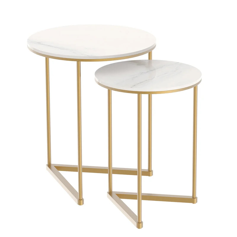 Contemporary Nesting Tables: Set of 2 with Marble Tops and Gold Metal Bases