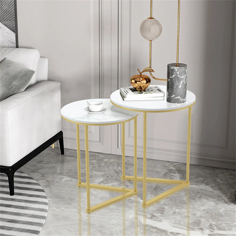 Contemporary Nesting Tables: Set of 2 with Marble Tops and Gold Metal Bases