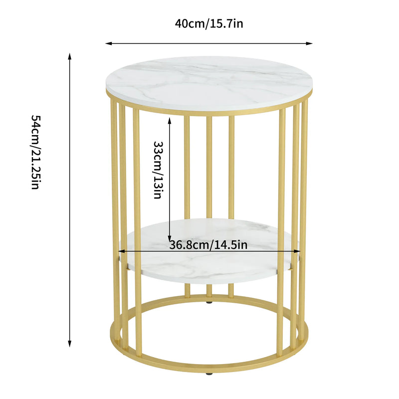 Gold Metal Frame Marble Accent Table with 2 Tiers for Living Room or Bedroom