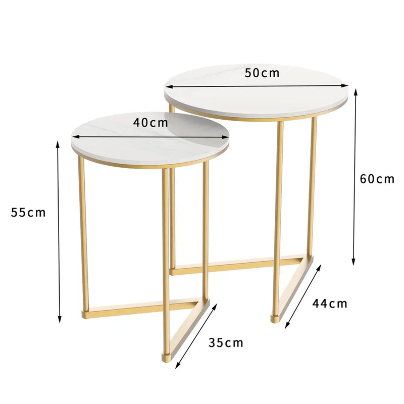 Contemporary Nesting Tables: Set of 2 with Marble Tops and Gold Metal Bases