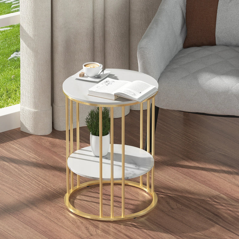 Gold Metal Frame Marble Accent Table with 2 Tiers for Living Room or Bedroom