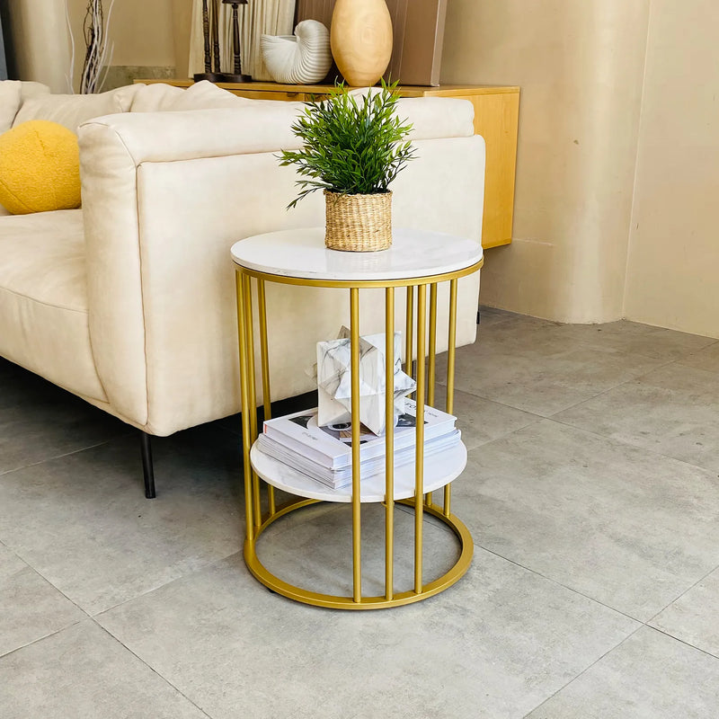 Gold Metal Frame Marble Accent Table with 2 Tiers for Living Room or Bedroom