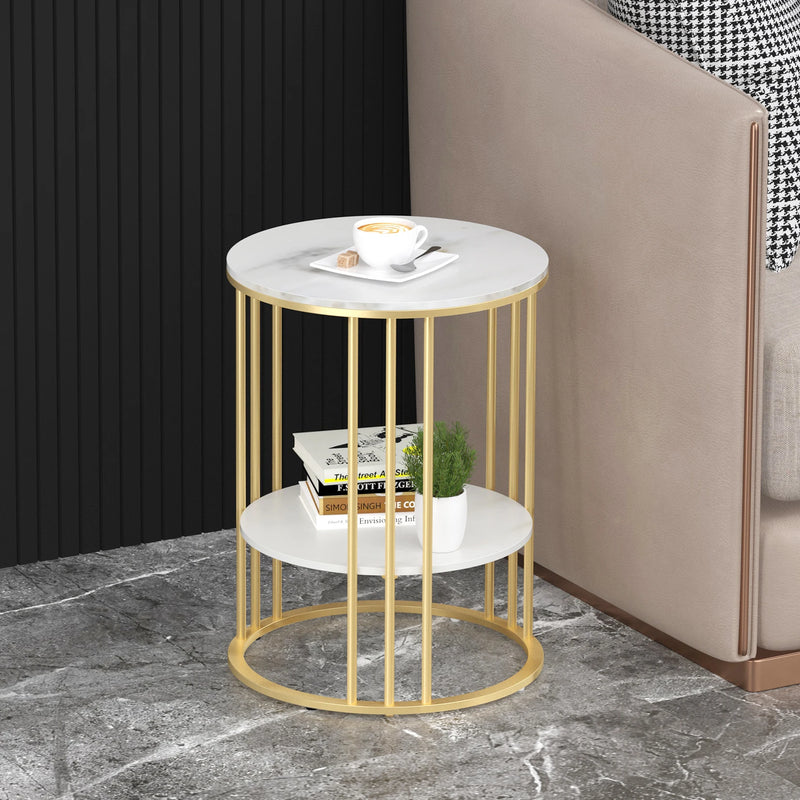 Gold Metal Frame Marble Accent Table with 2 Tiers for Living Room or Bedroom